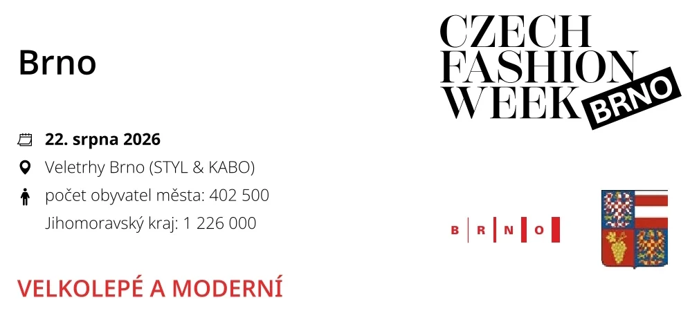 Oficiální banner Czech Fashion Week Brno, 22. srpna 2026, Veletrhy Brno STYL a KABO.