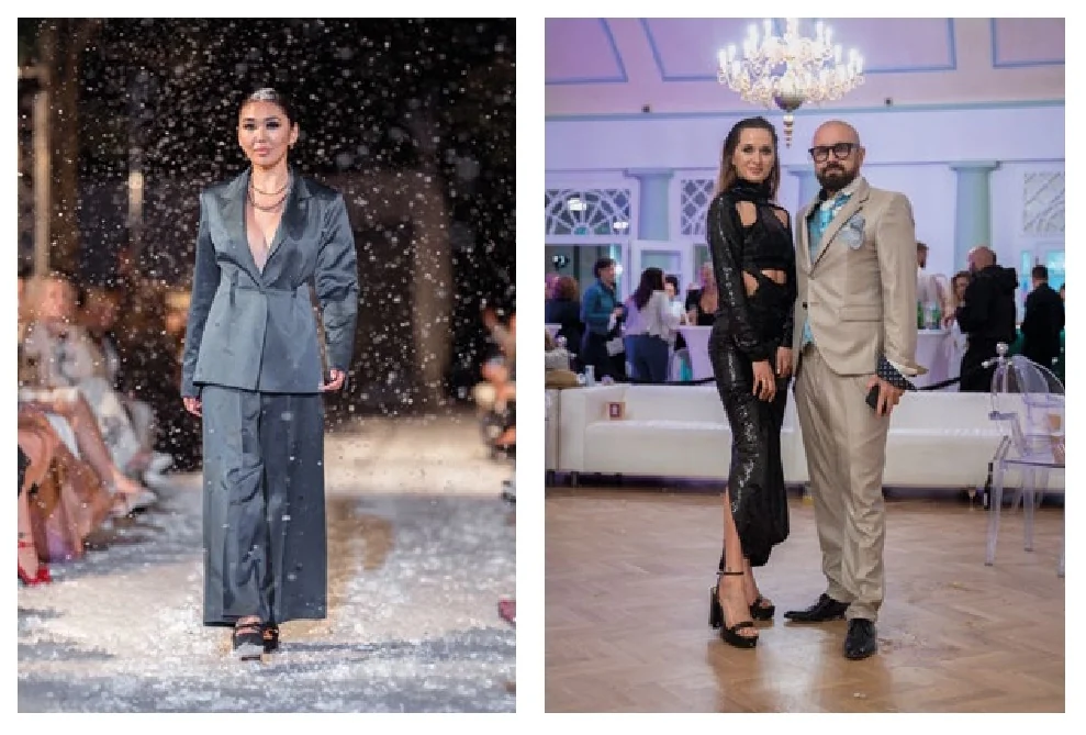 Fotokoláž Karlových Varů: modelka na zasněžené scéně a dvojice při závěrečném defilé.