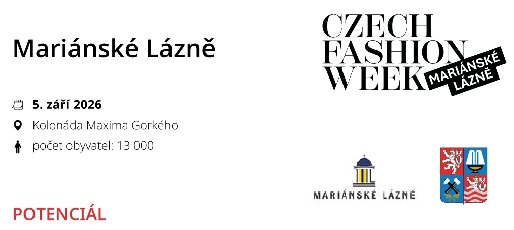 Oficiální banner Czech Fashion Week Mariánské Lázně, 5. září 2026, Kolonáda Maxima Gorkého.